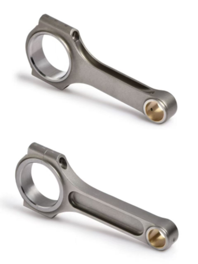 Two connecting rod body designs showing different material distribution routes