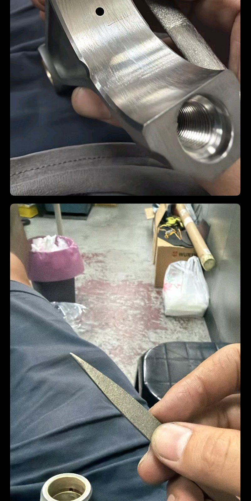 Connecting rod body with deburring tool